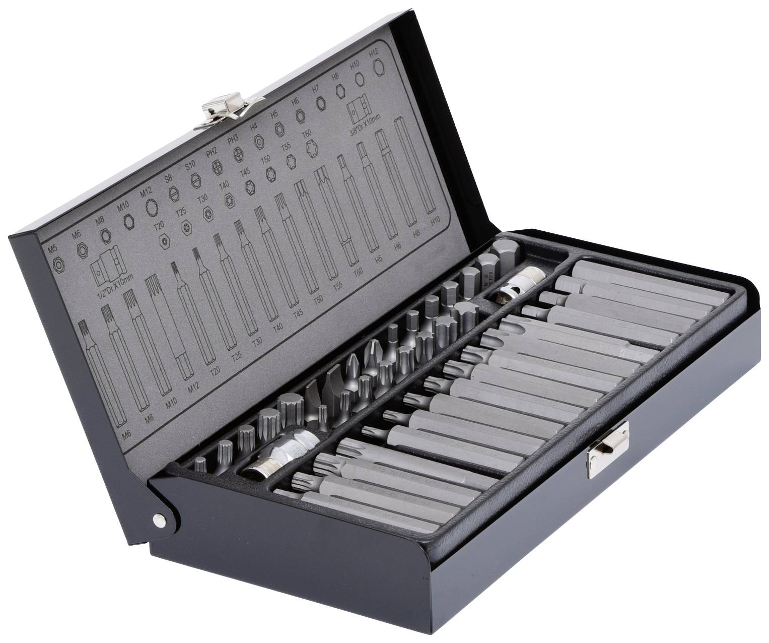 Ein offener Koffer mit einem Steckschlüsselsatz in verschiedenen Größen, in einer Schaumstoffauskleidung organisiert.