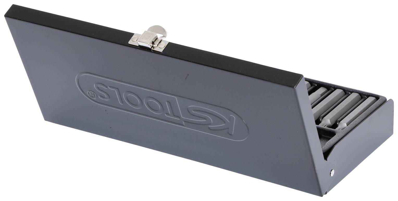 Grauer Metallkasten geöffnet, enthält Metallstifte oder Werkzeuge. Logo 'KS Tools' auf dem Deckel.