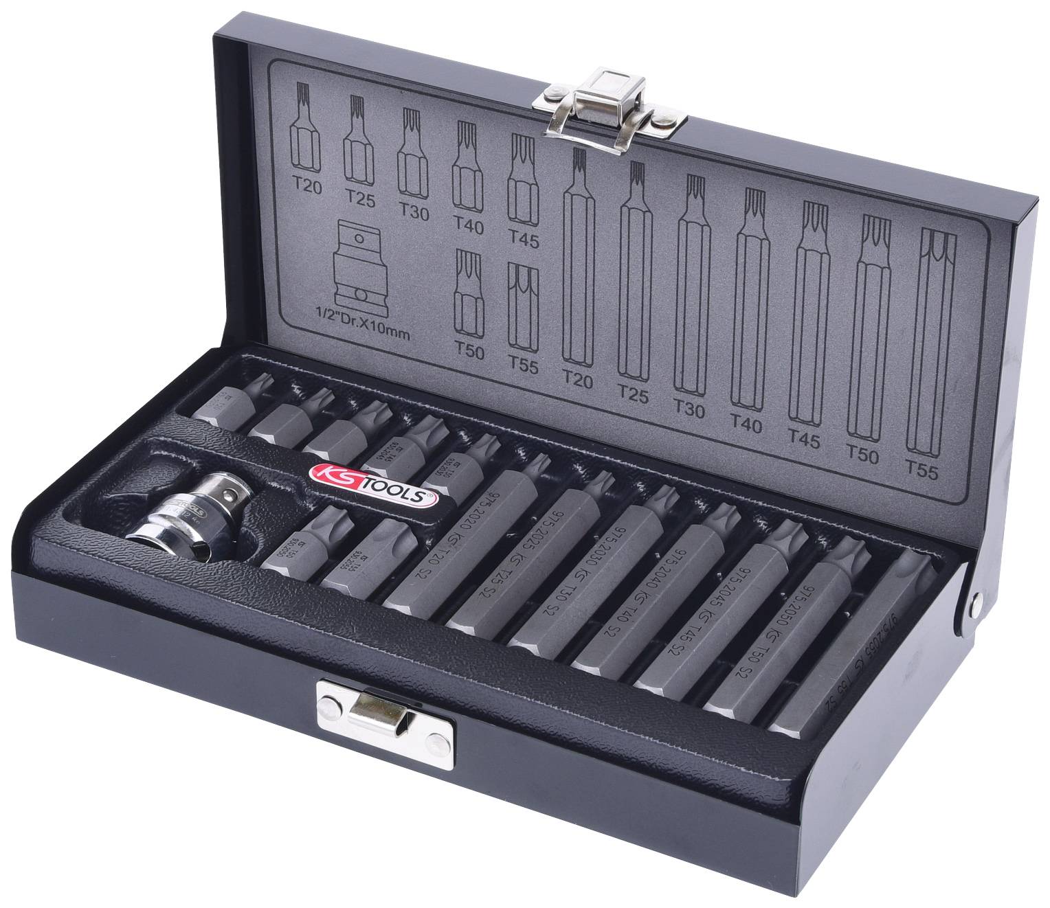 Ein Schraubendreher-Bit-Set in einem geöffneten Metallkoffer. Beinhaltet Torx-Bits von T20 bis T55 mit Halter.