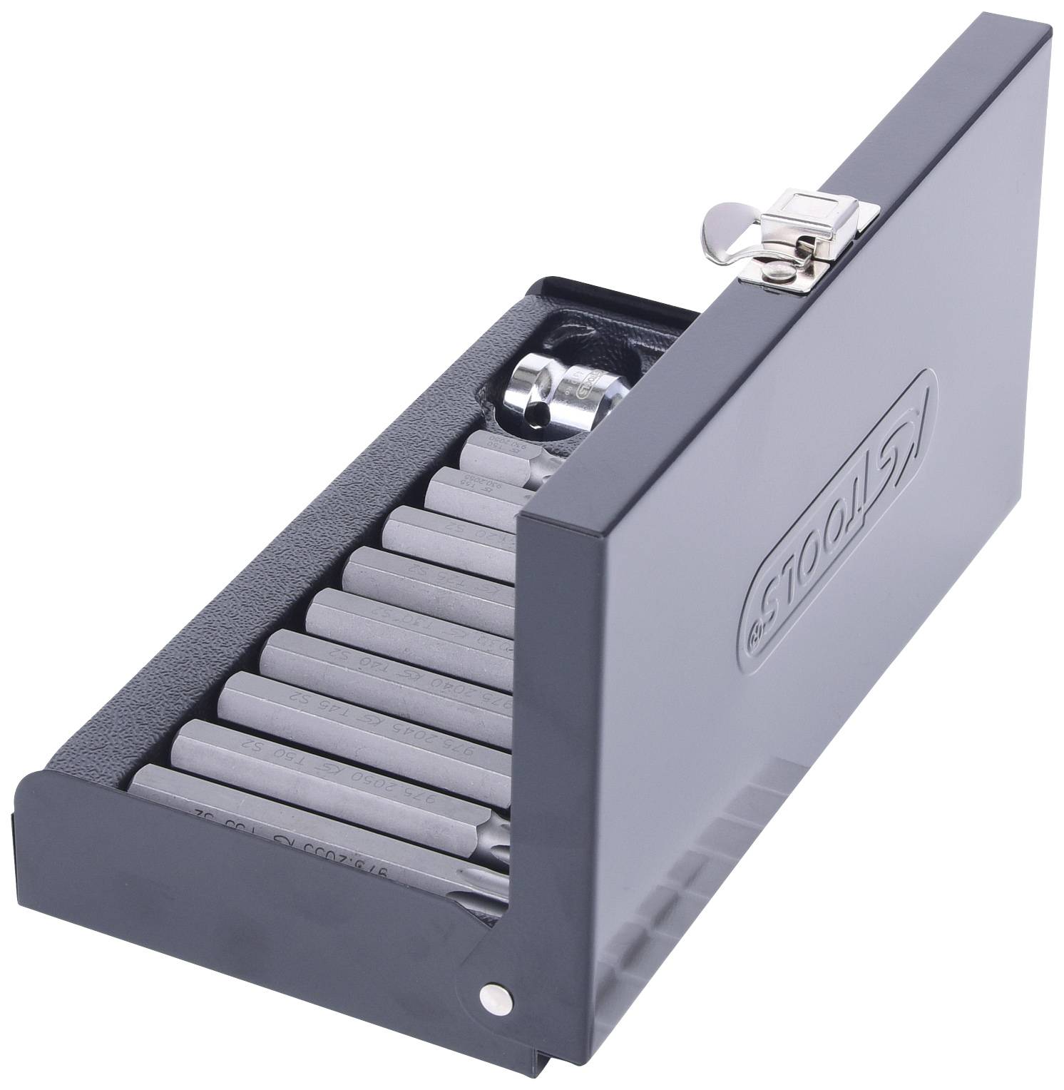 Ein geöffneter Werkzeugkasten mit mehreren Sechskant-Schraubenschlüsseln in unterschiedlichen Größen.