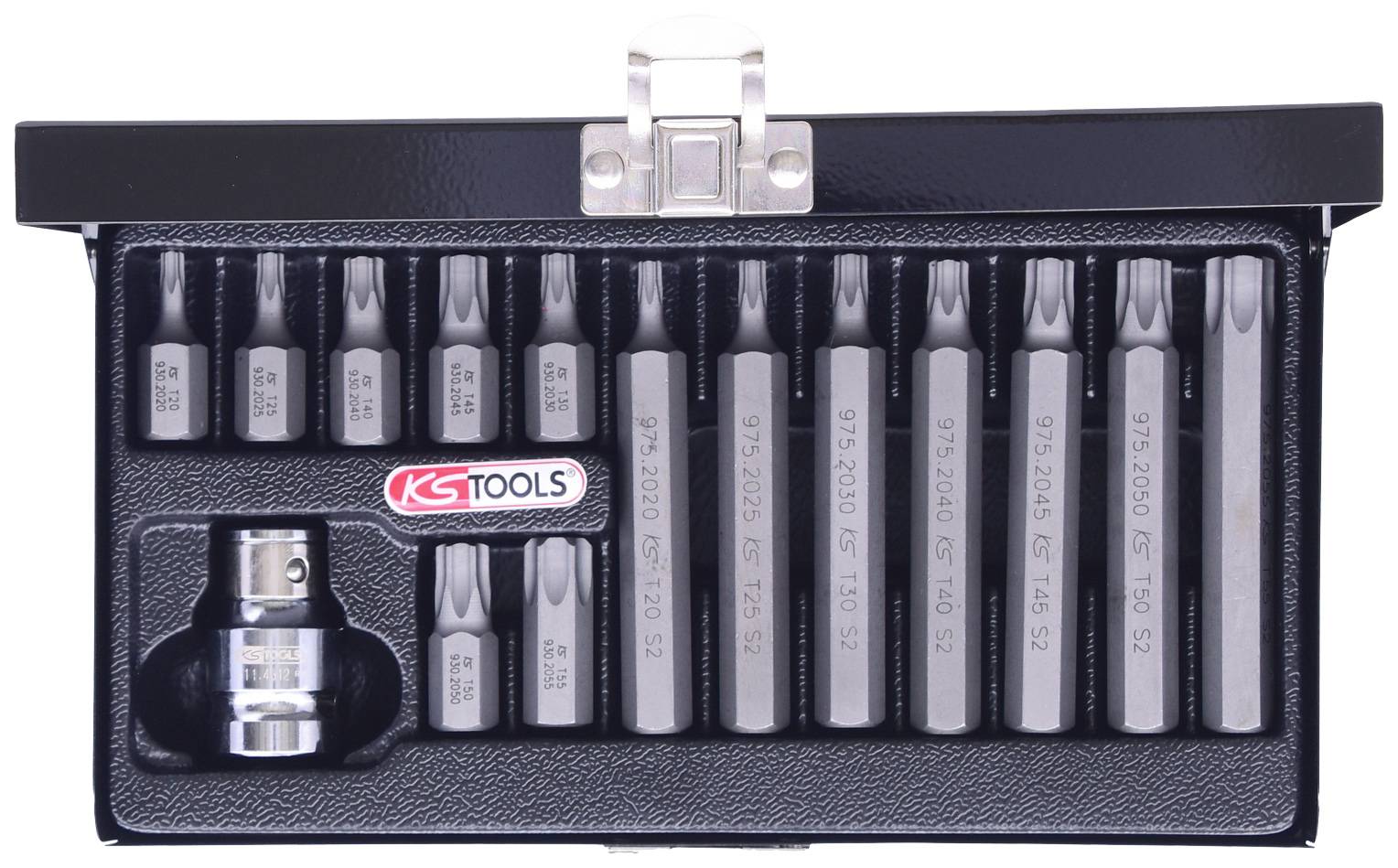 Ein Satz mit Torx-Bits in einem offenen Kasten. Jede Bitgröße ist in einem separaten Fach aufbewahrt.