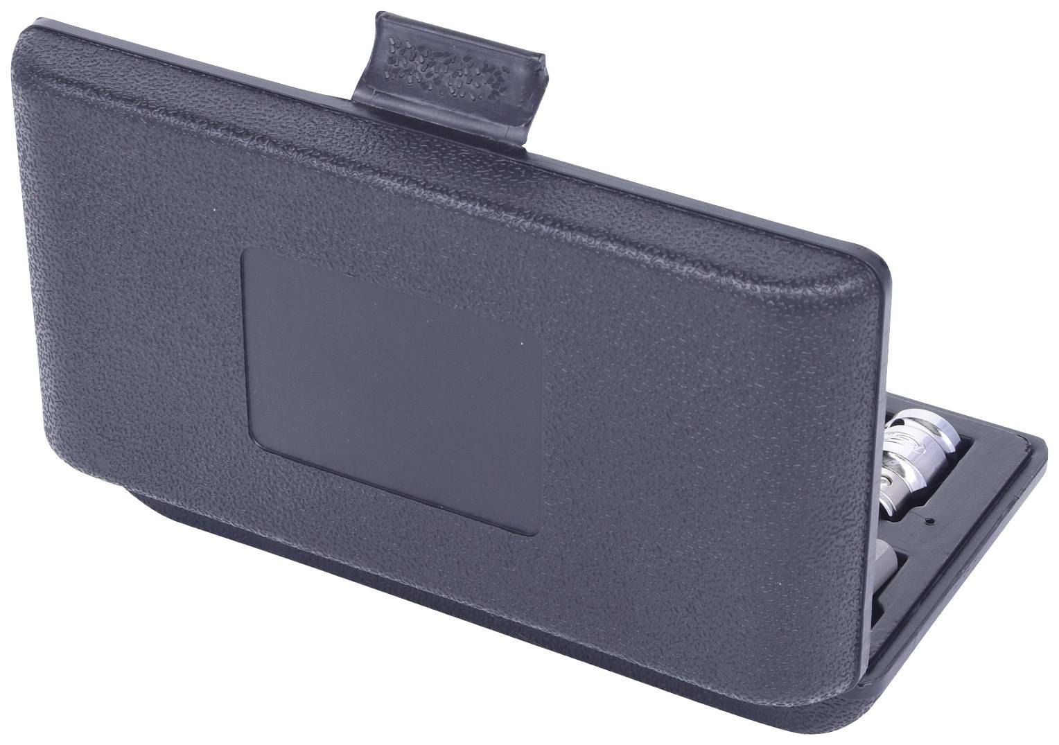 Schwarzer Kunststoffhalter mit Klappmechanismus, hält kleine Metallteile.