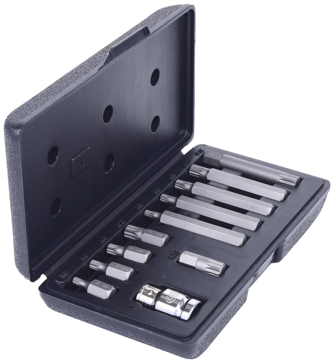 Werkzeugset im offenen schwarzen Kunststoffkoffer. Enthält verschiedene Bits und Aufsätze in verschiedenen Größen.
