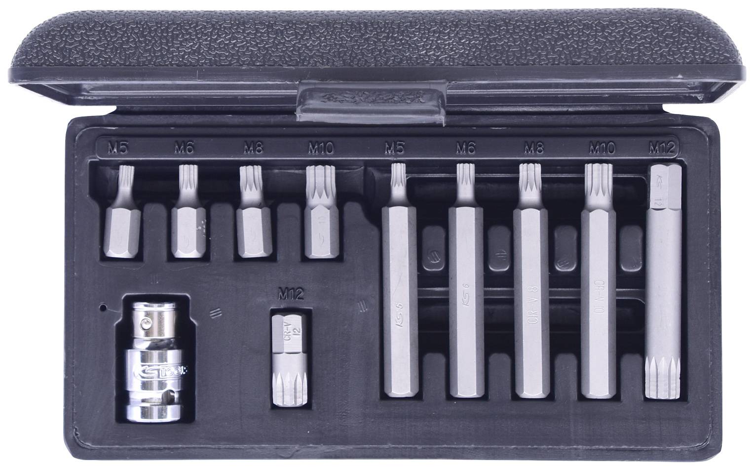 Bit-Set aus Metall in schwarzer Hülle, verschiedene Größen von M4 bis M12, zur Verwendung mit Schraubendrehern und Werkzeugen.