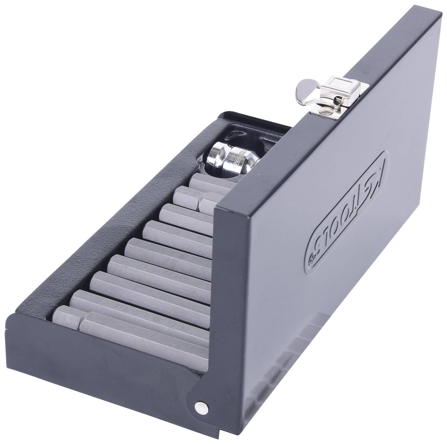 Schwarze Metallbox geöffnet, zeigt zehn graue runde Stäbe im Inneren. Box mit Beschriftung 'S-Tools'. Enthält Schraubenschlüssel.