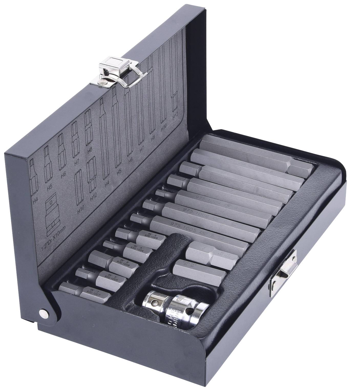 Metallbox mit geöffnetem Deckel, die Innenseite zeigt ein Set von sechskantigen Steckschlüsseln verschiedener Größen und einen Adapter.