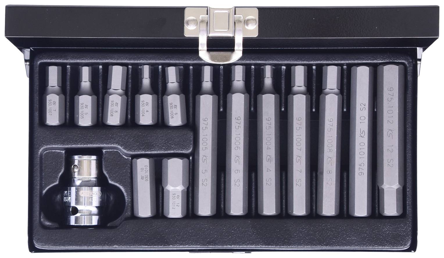 Ein Bitset mit mehreren sechskantförmigen Bits und einem Adapter in einem offenen schwarzen Kasten. Ideal für mechanische Zwecke.