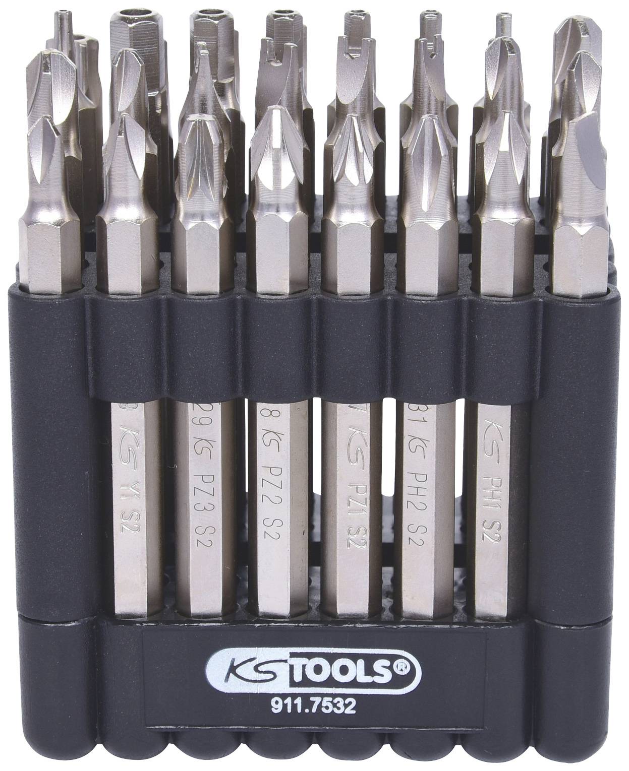 'Bit-Set in Schwarz' zeigt elf metallische Bits unterschiedlicher Größen in einem schwarzen Halter. Markenname 'KS Tools' unten sichtbar.