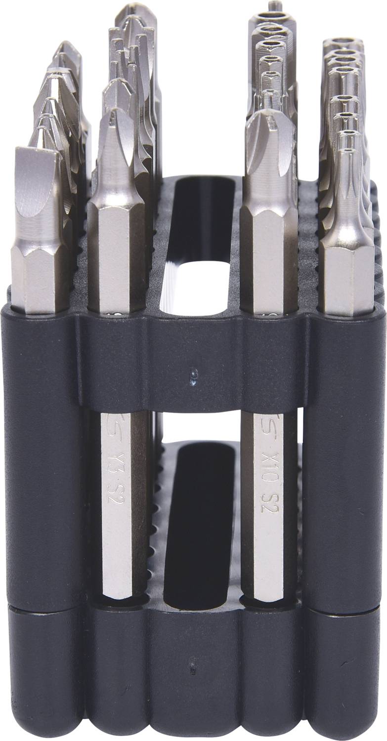 Sechskantschraubendrehereinsätze in einem schwarzen Halter, angeordnet in zwei Reihen. Die Spitzen sind metallisch glänzend.