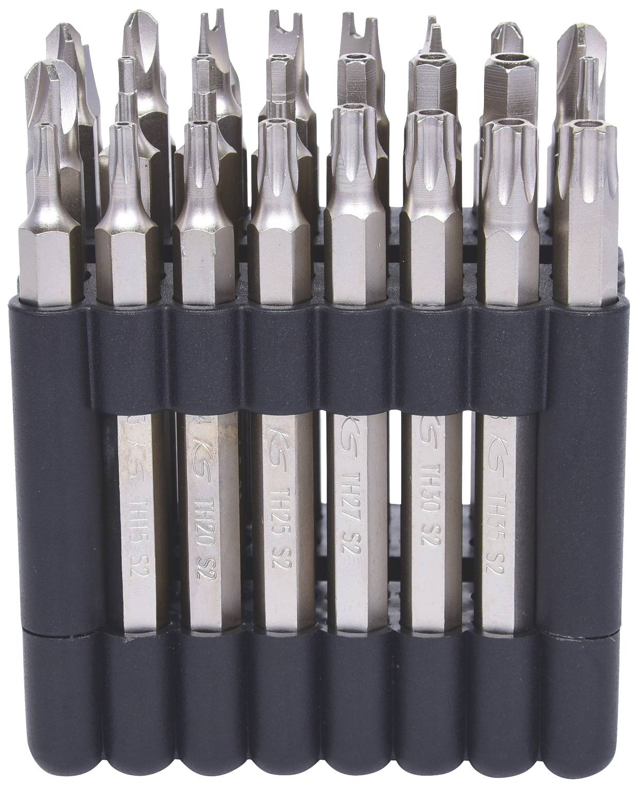 Ein Set von 32 Schraubendreher-Bits in verschiedenen Formen und Größen, angeordnet in einem schwarzen Halter.