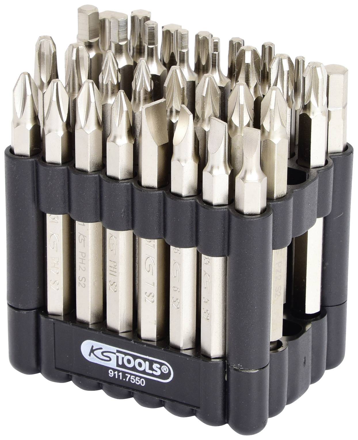 Ein Bit-Set mit verschiedenen Schraubendreher-Bits in schwarz-silbernem Halter von 'KS TOOLS', Modellnummer 911.7550.
