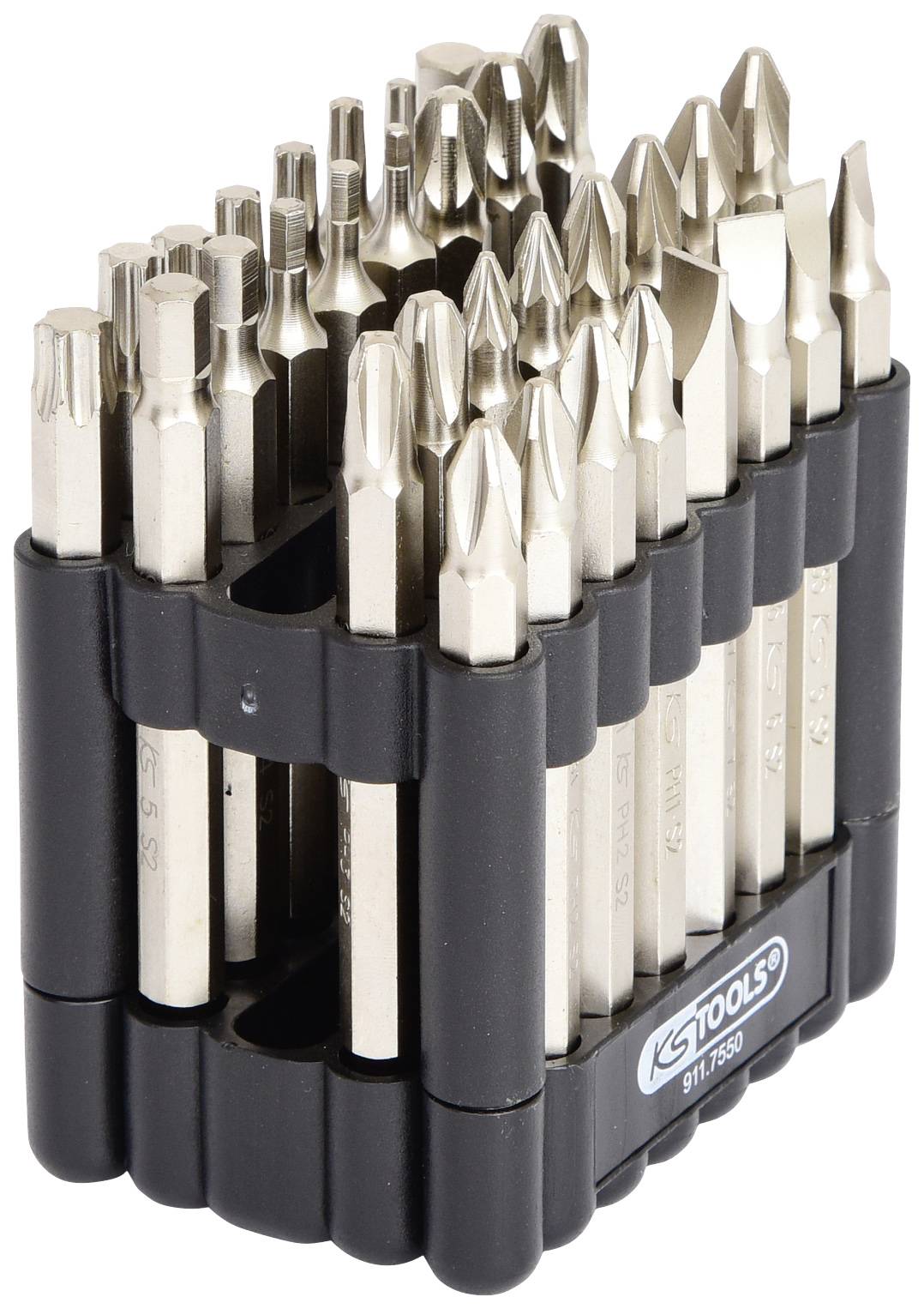 Ein Satz Schrauberbits in verschiedenen Formen und Größen, geordnet in einem schwarzen Kunststoffhalter, bietet vielseitige Einsatzmöglichkeiten.