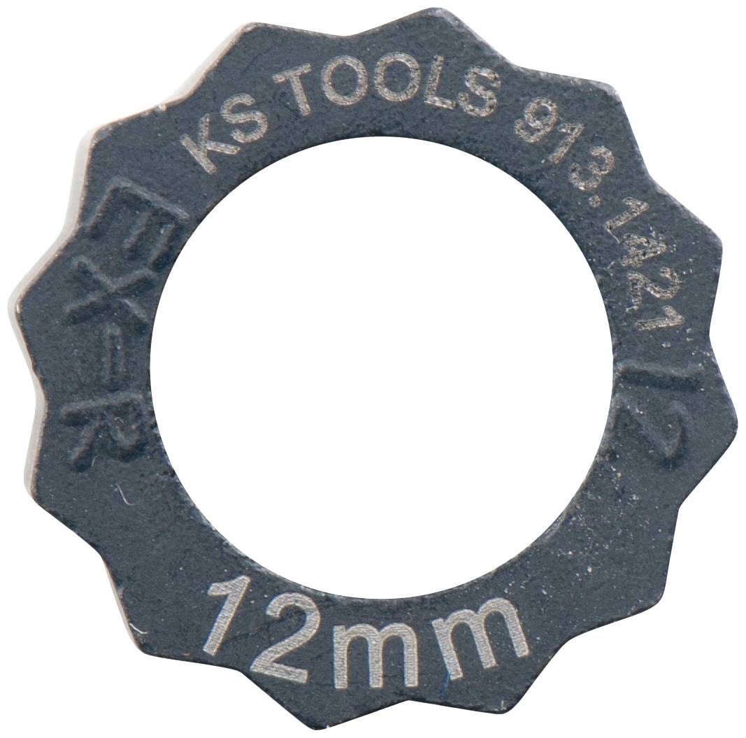 Ein Metallwerkzeug in Form eines zwölfzackigen Rings, beschriftet mit 'KS TOOLS 913.1421' und '12mm'.