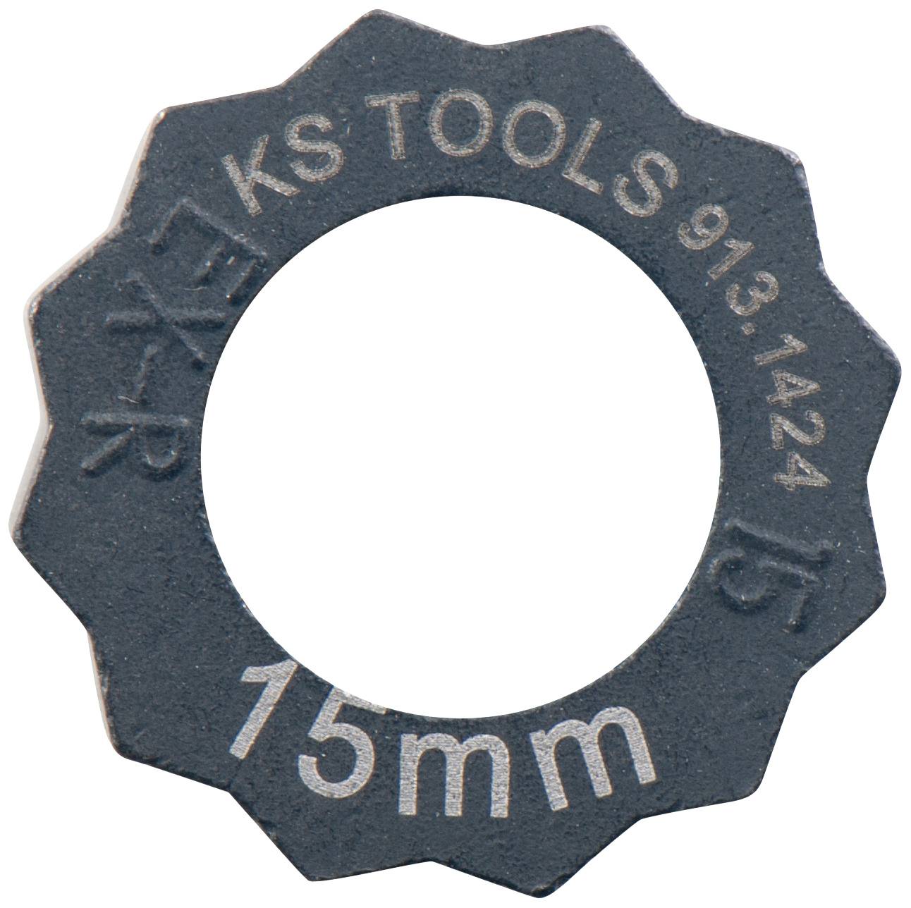Metallplatte mit runder Öffnung, beschriftet mit '15mm' und 'KS TOOLS 913.1424'. Sie ist ein Teilwerkzeug für technische Zwecke.