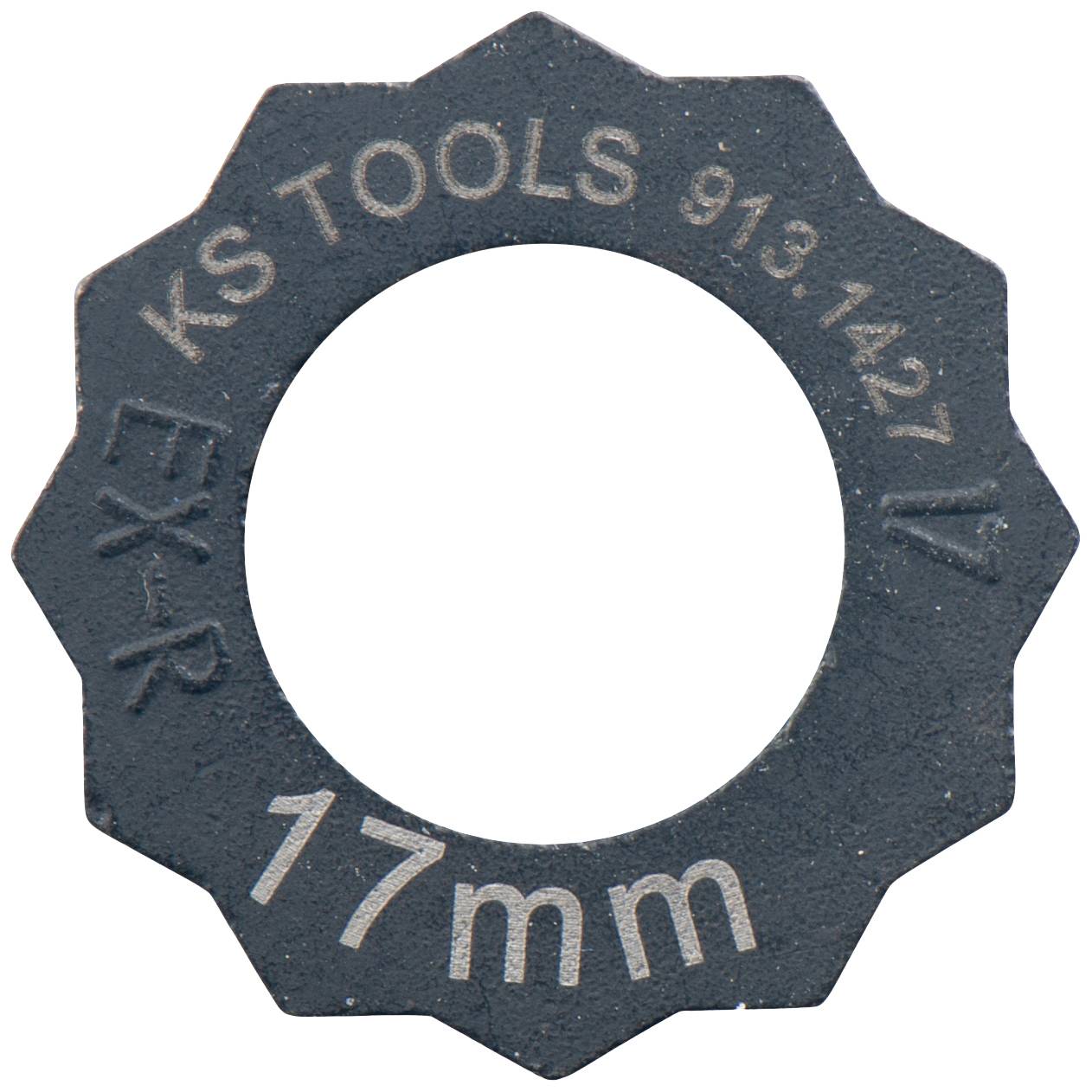 Ein schwarzer Steckschlüsseleinsatz mit zahnradförmigem Rand, beschriftet mit 'KS TOOLS 913.1427 V 17mm'.