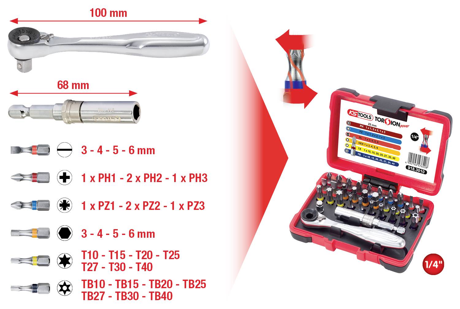 'Ratschenschlüssel-Set' mit 1/4 Zoll Stecknüssen und Bits in verschiedenen Größen. Enthält PH, PZ, Torx- und Flachbits in Etui.