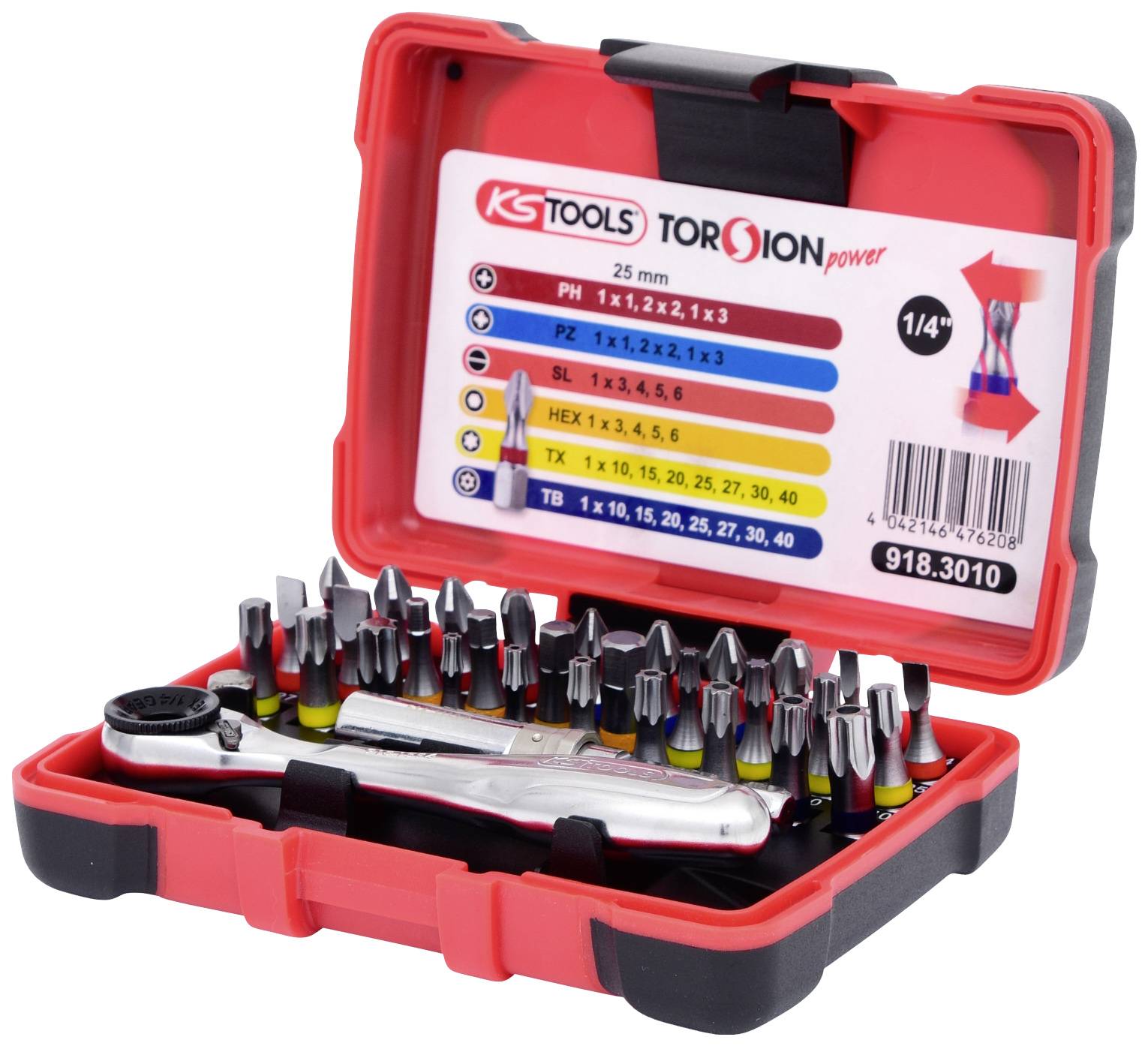 Ein rotes Werkzeugset mit Steckschlüsseln und Bits, inklusive Ratsche. Die Box ist geöffnet und zeigt diverse Metallaufsätze.