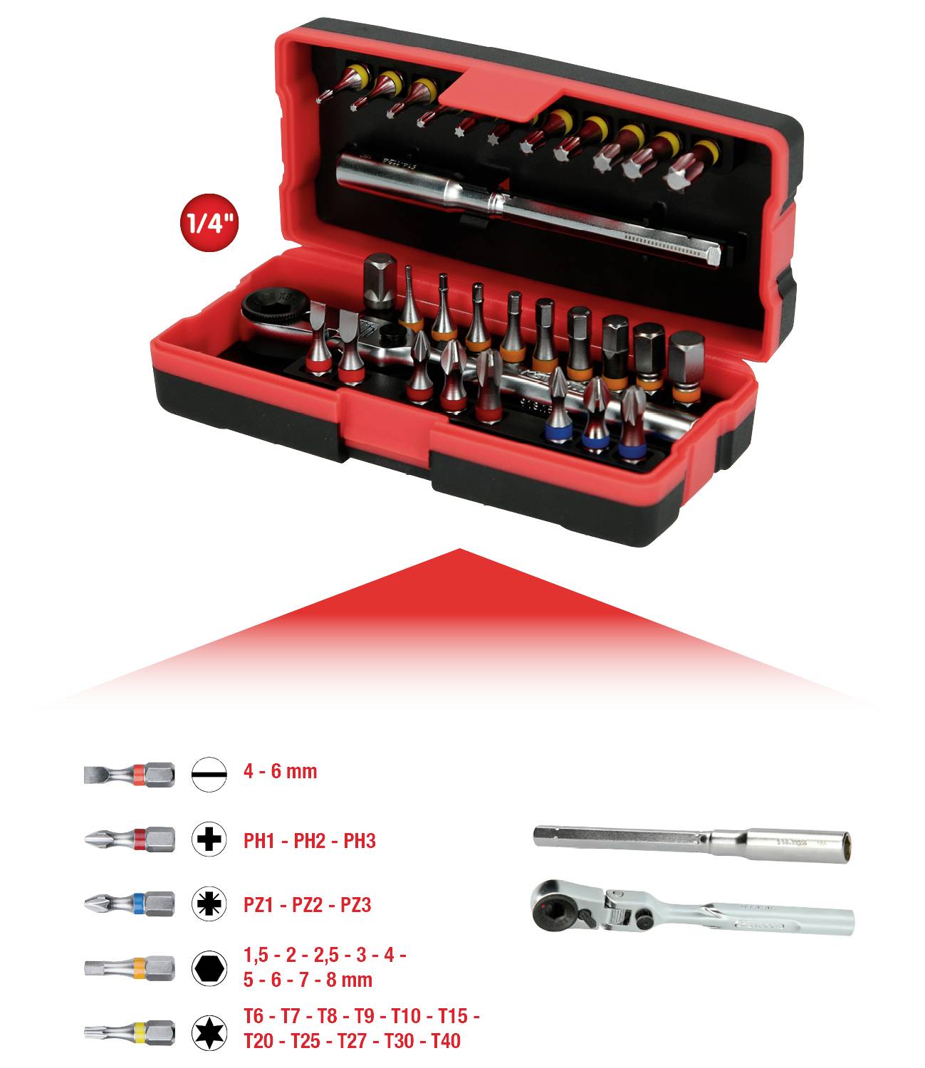 'Ratschen-Bit-Set' mit verschiedenen Bits und Ratschenhalter in rotem Etui. Enthält Kreuzschlitz-, Schlitz- und Torx-Bits.