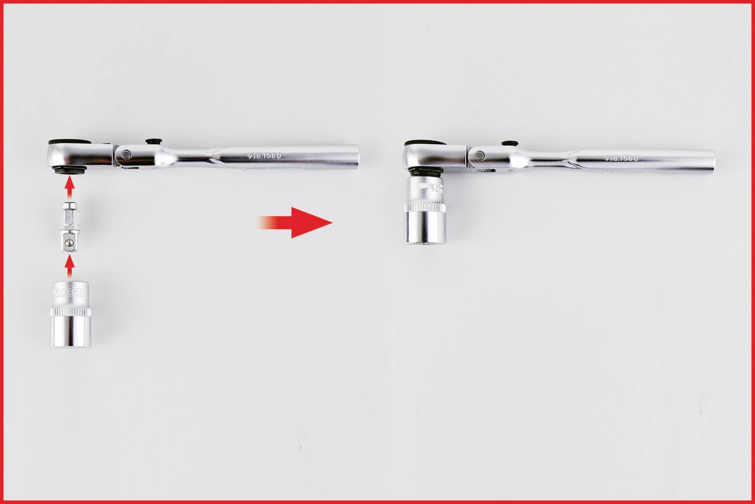 Zwei Ratschen mit Steckschlüsseln. Links wird ein Adapter zwischen Ratsche und Steckschlüssel eingefügt, rechts ist er bereits montiert.