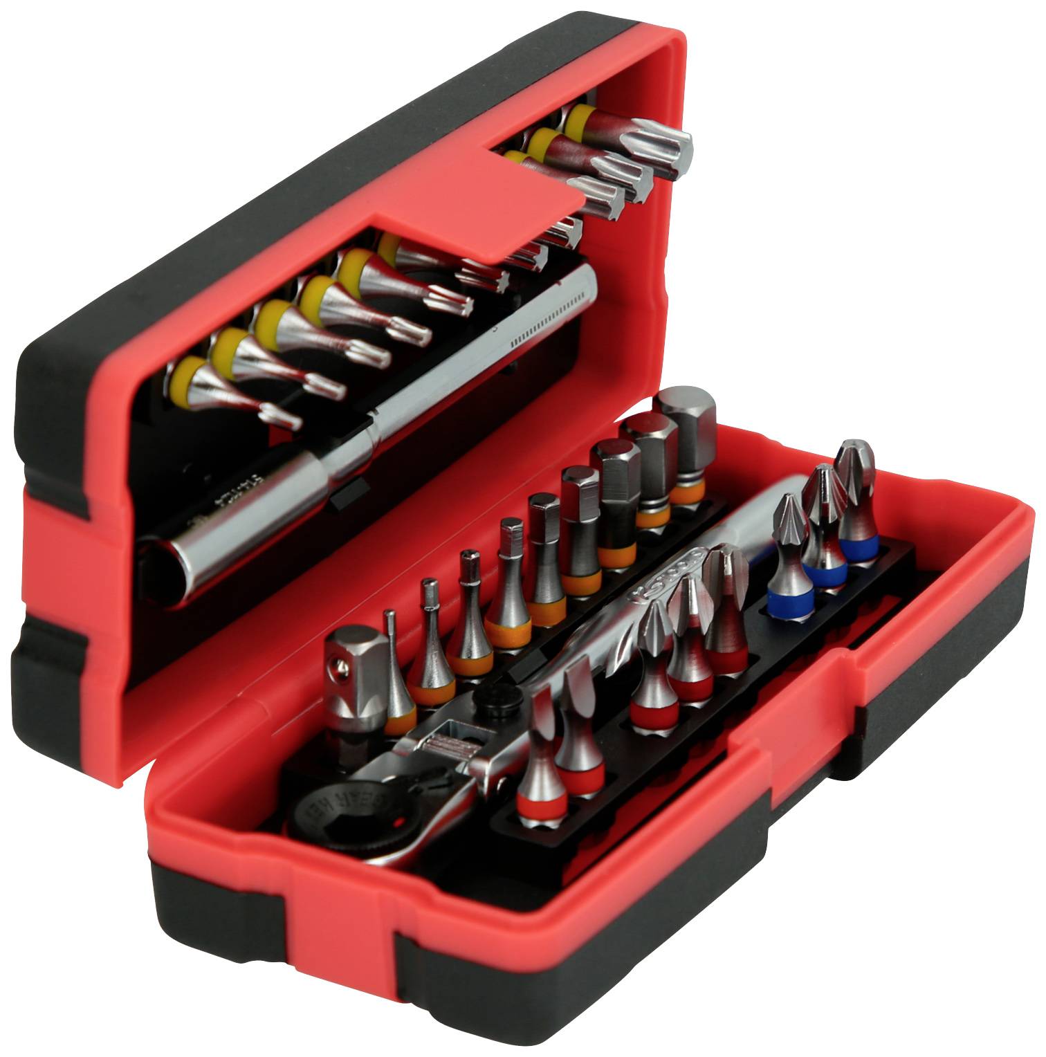 Ein offenes, rotes Werkzeugset mit verschiedenen Bits und einem Schraubenschlüssel. Ideal für vielseitige Reparaturen.