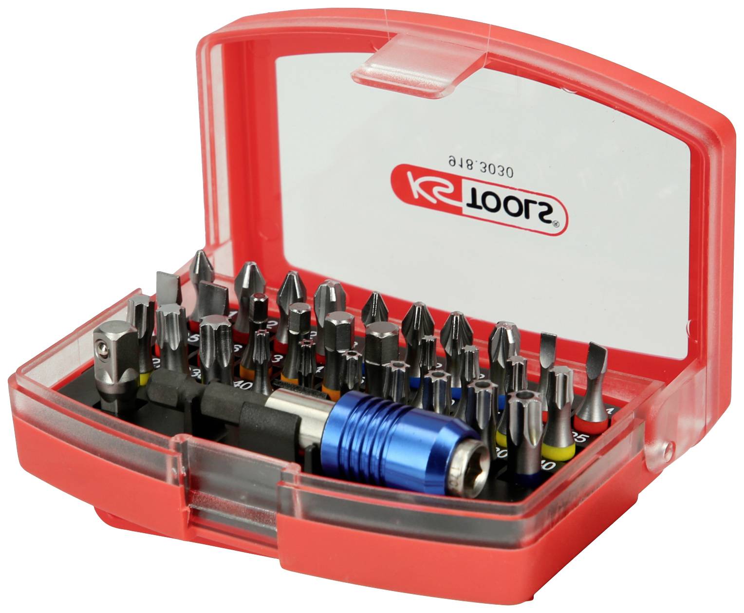 Ein rotes Etui mit verschiedenen Schraubendreher-Bits und einem blauen Bit-Halter, geöffnet zur Ansicht der Inhalte.