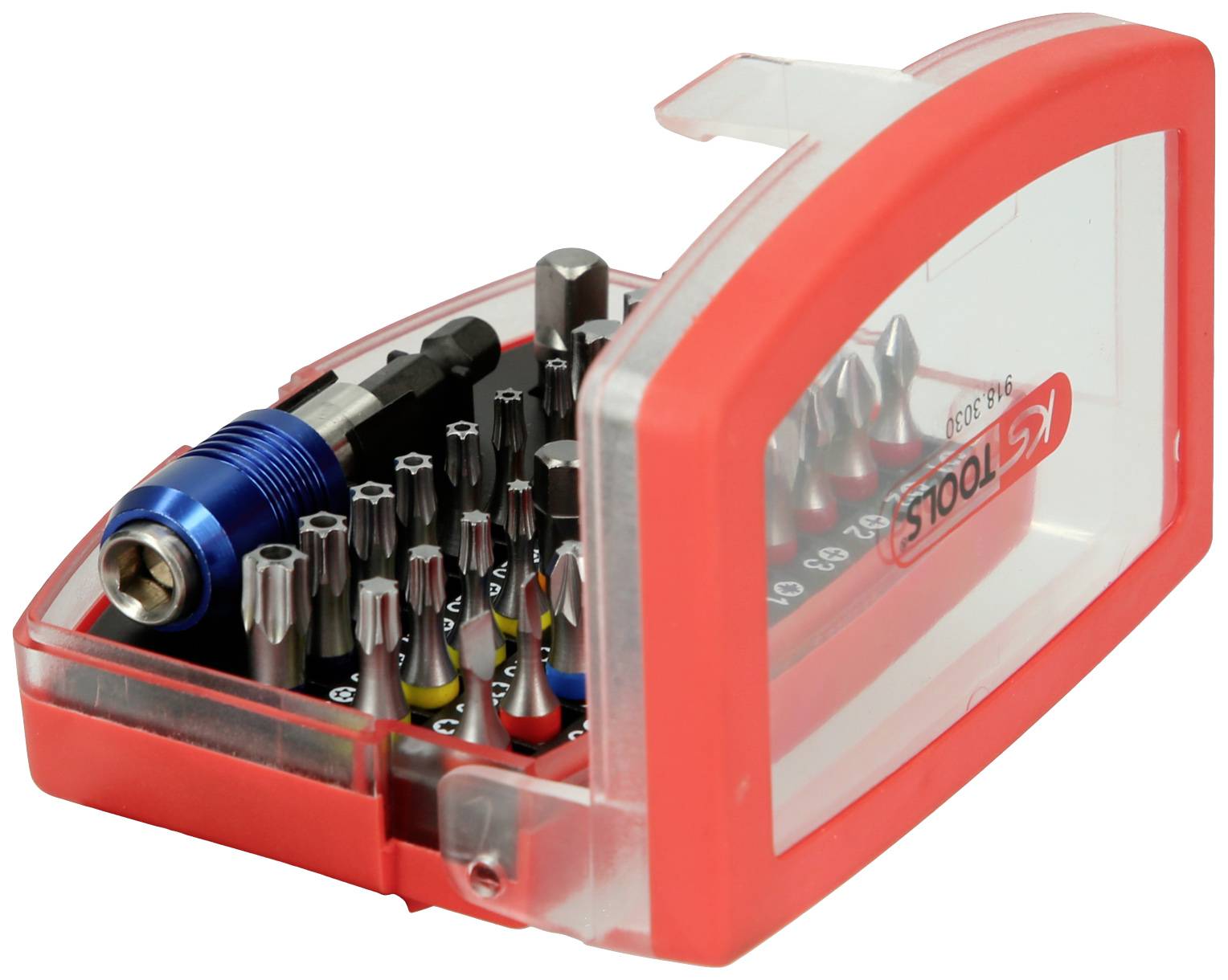Satz von Bits und Aufsätzen in einem transparenten roten Kunststoffgehäuse, ideal für die Wartung und Reparatur.