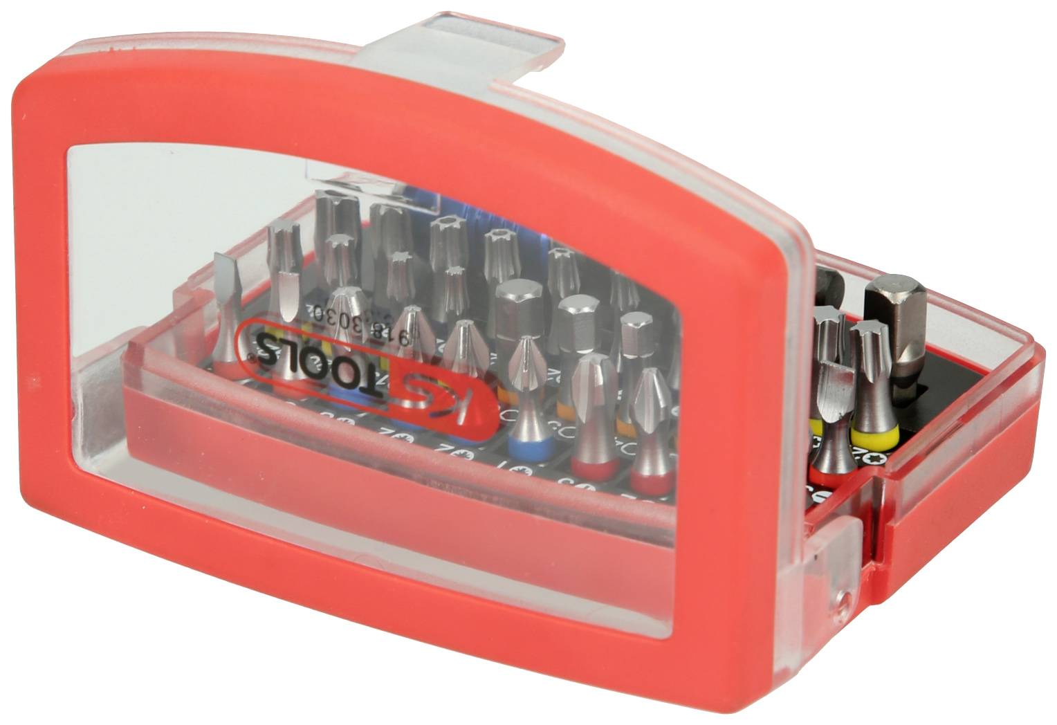 Ein rotes Kunststoffetui mit verschiedenen Bits für Werkzeuge. Enthält zahlreiche Schraubaufsätze in einer transparenten Abdeckung.