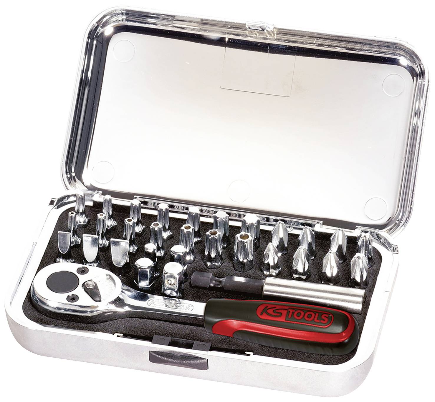 Ein Steckschlüsselsatz in einer Metallbox enthält verschiedene Bits und eine Ratsche mit rotem Griff, geeignet für diverse Schraubarbeiten.
