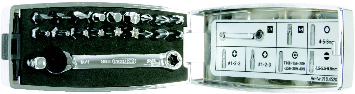 Werkzeugkasten mit Ratsche und verschiedenen Schraubaufsätzen in geöffneter Box. Auf der Innenseite sind die Größen und Typen markiert.