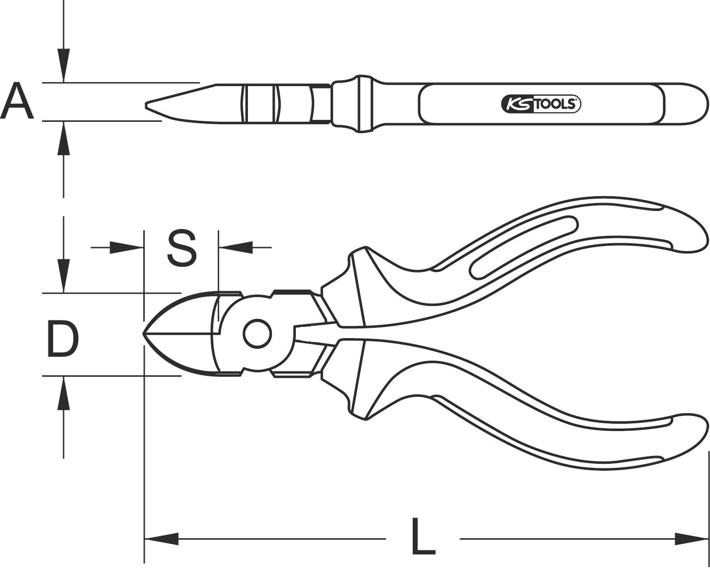 Technische Zeichnung eines Seitenschneiders mit Maßen A, D, S, L. Oben ein Detail des Schneidkopfes. Markierung 'KS TOOLS'.