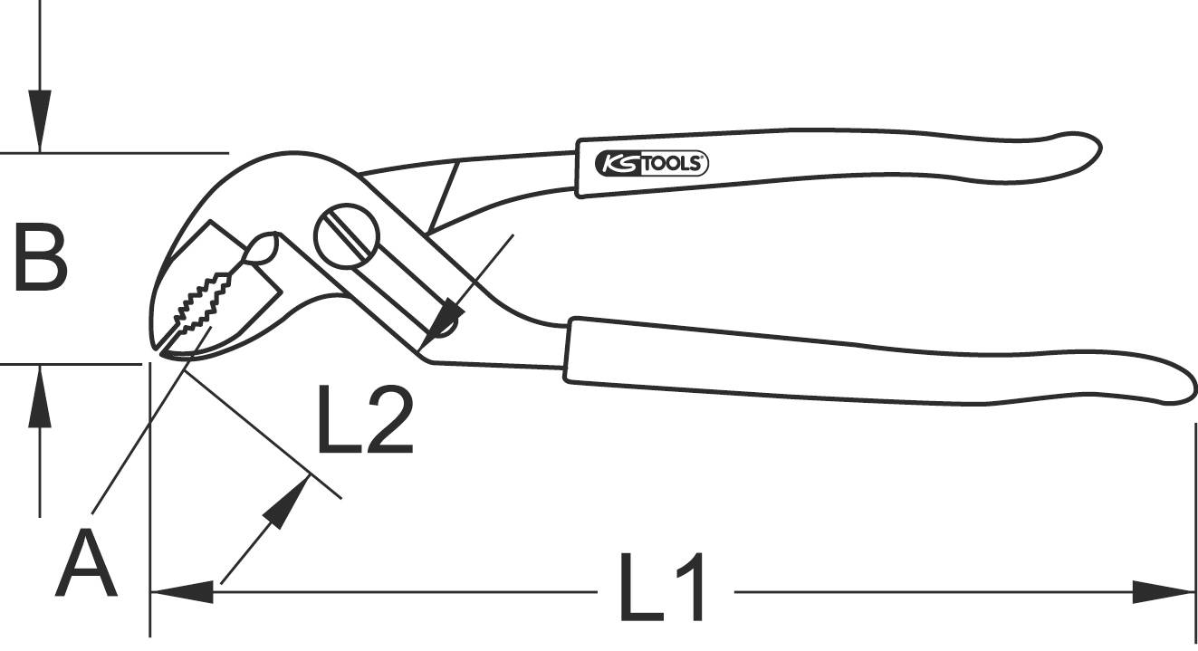 Zeichnung einer Wasserpumpenzange mit Maßangaben: Länge L1, L2, Winkel A, Breite B. Label 'KS Tools' auf dem Werkzeuggriff.
