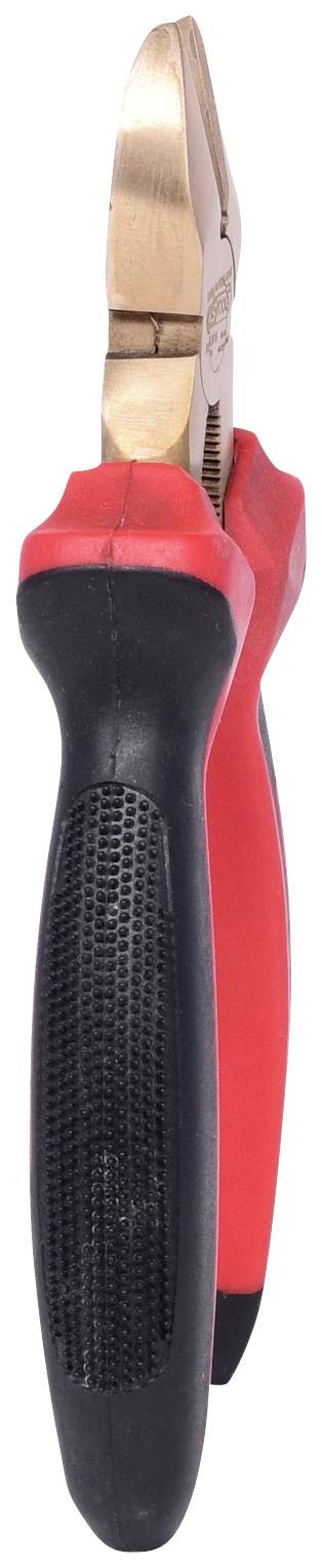 Eine rote und schwarze Kombizange mit Gummigriffen. Sie ist geöffnet und zeigt die gezahnte Schneidfläche.