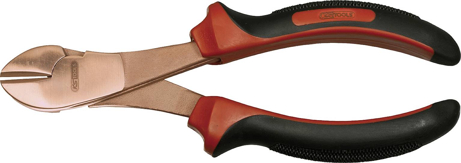 Seitenschneider mit schwarzen und roten Griffen, liegend auf einer weißen Fläche.