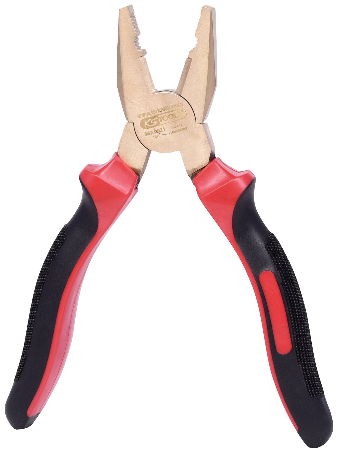 Eine rote und schwarze Zange mit rutschfesten Griffen auf weißem Hintergrund. Die Zange wirkt stabil und funktional für den Handgebrauch.