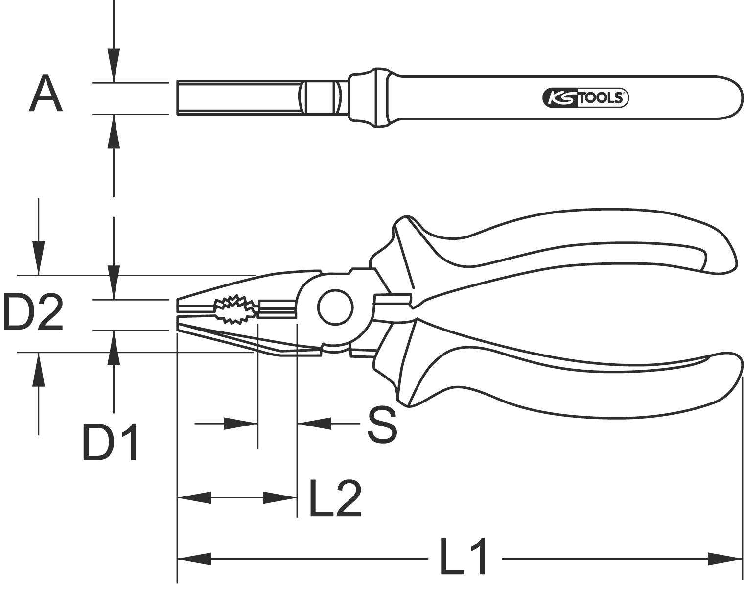 Zangen-Illustration mit Maßen. Etikettierte Bereiche: A, D1, D2, L1, L2, S. Zeigt verschiedene Abmessungen der Zange in Millimetern.