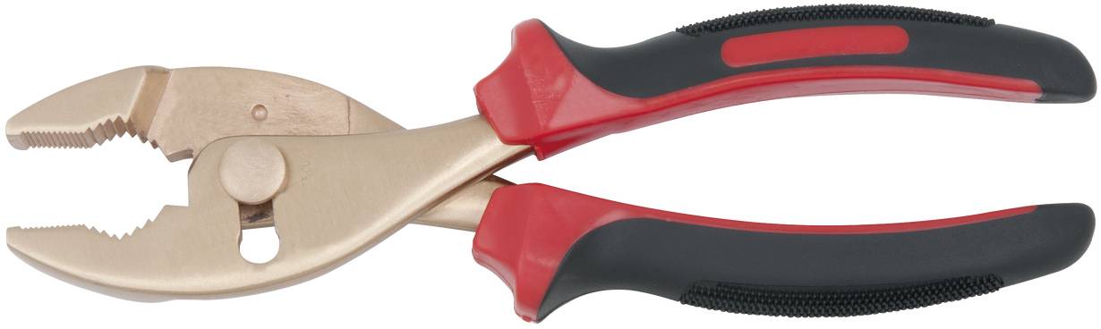 Eine bronzefarbene Zange mit schwarzen und roten Griffen, die zum Greifen und Drehen von Objekten verwendet wird.