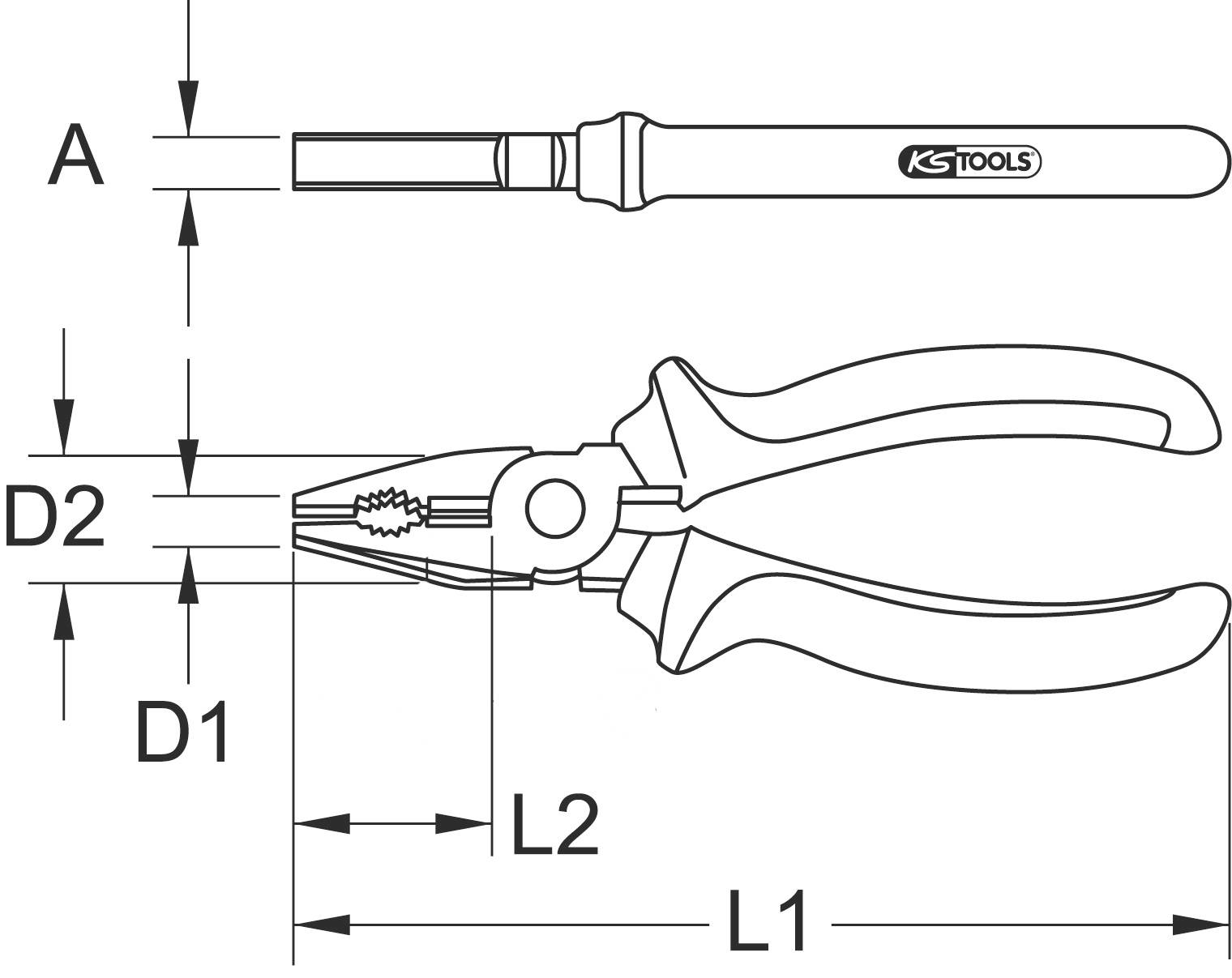 Abbildung zeigt eine Zange mit Griff- und Schneidenabmessungen, bezeichnet als L1, L2, D1, D2, A. Markenlogo oben rechts.
