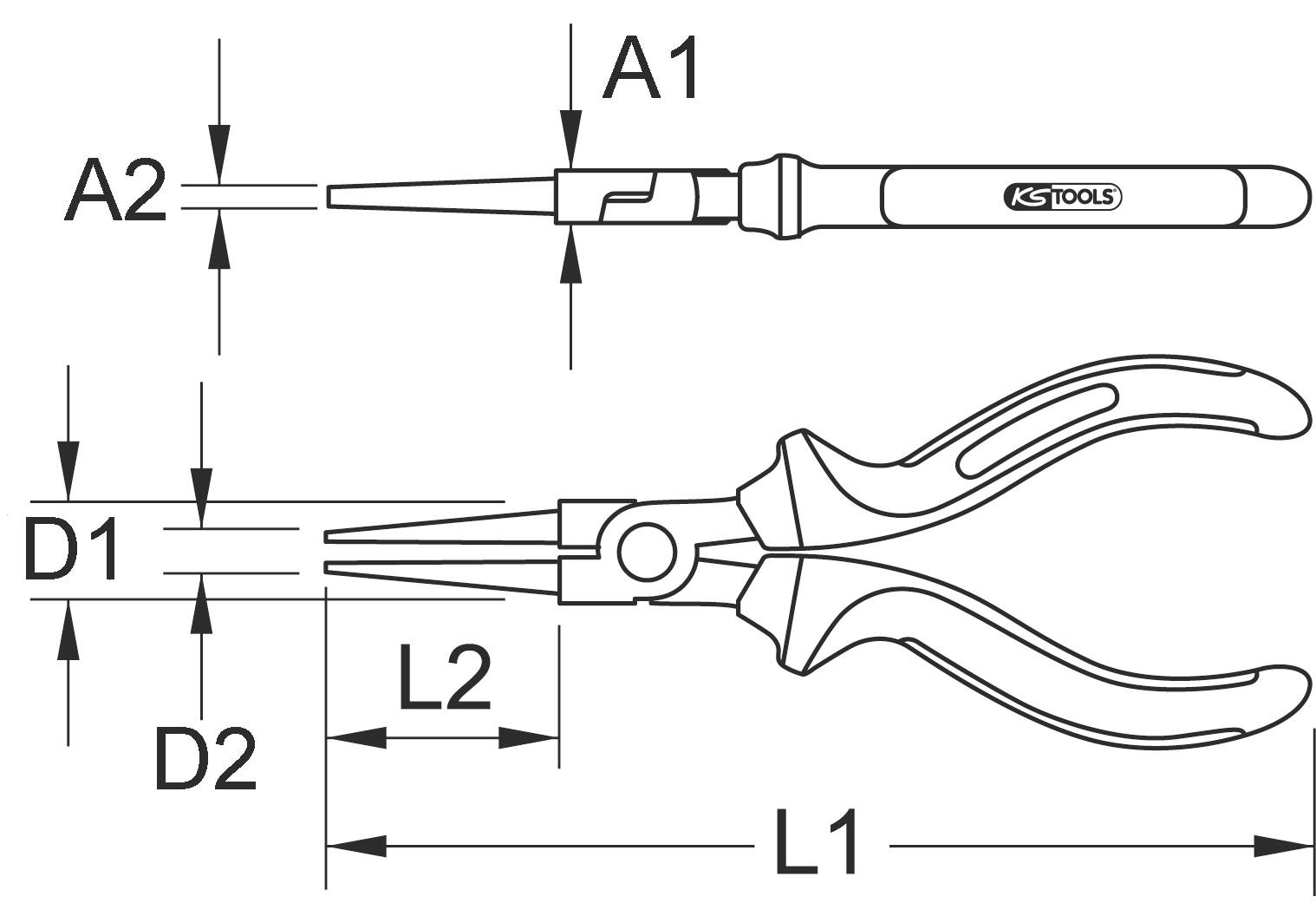 Technische Zeichnung einer Zange mit Längen- und Breitenmaßen gekennzeichnet als L1, L2, A1, A2, D1, und D2.