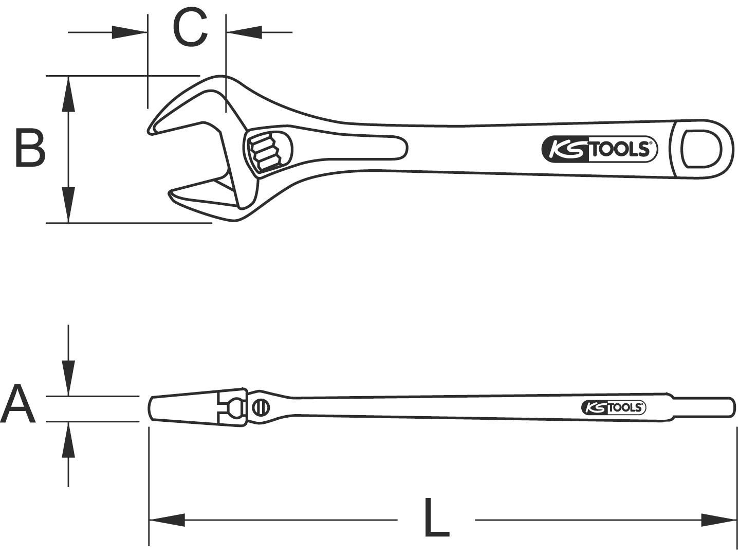 Technische Zeichnung eines verstellbaren Schraubenschlüssels der Marke KS Tools mit den Maßen B, C, A und L, seitliche und obere Ansicht.