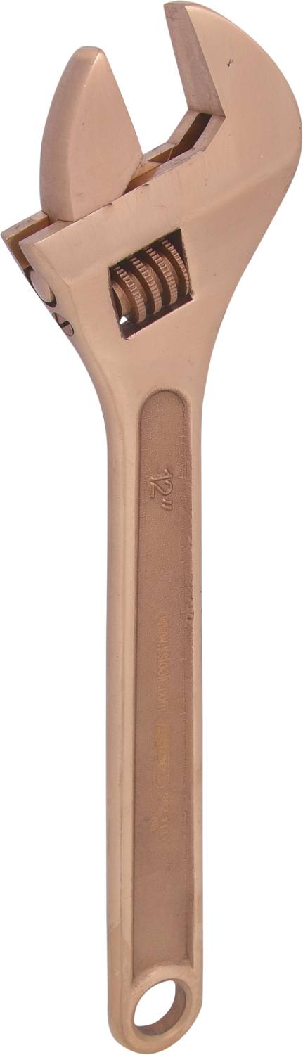 Ein verstellbarer Schraubenschlüssel aus Kupfer mit einem langen Griff und einer runden Öffnung am Ende des Griffs zur Aufhängung.