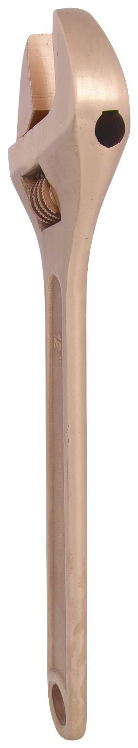 Ein kupferfarbener Schraubenschlüssel mit verstellbarem Kopf, geeignet für verschiedene Schraubengrößen.