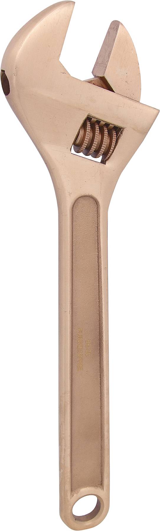 Verstellbarer Schraubenschlüssel aus Kupfer, zeigt den Schraubmechanismus, mit einer Öffnung am Griffende.