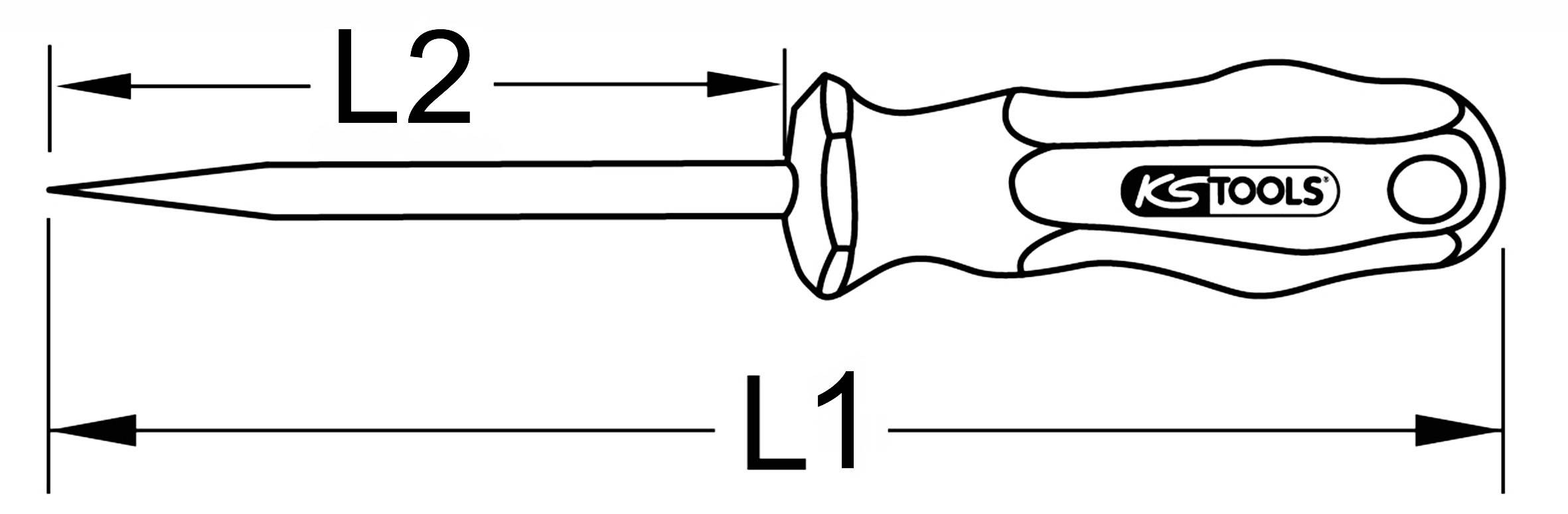 Zeichnung eines Schraubendrehers mit Maßen L1 und L2, handelsüblicher Griff.