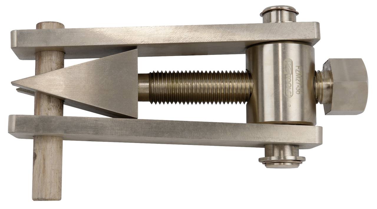 Metallisches Werkzeug mit Schraubmechanismus, bestehend aus einem bolzenförmigen Körper und einem dreieckigen Keil, möglicherweise ein Montagewerkzeug.