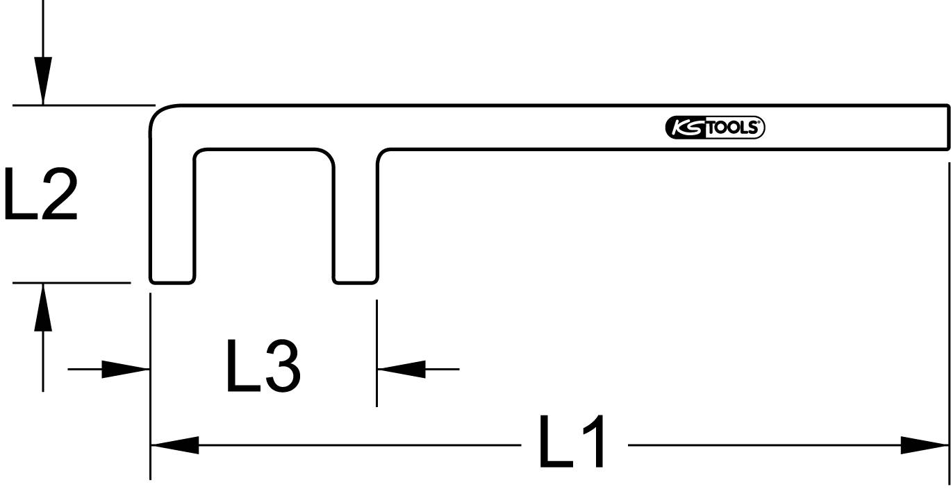 Diagramm eines Hakenschlüssels mit Maßen: L1, L2, L3. Verwendung zum Anziehen/Lösen runder Schraubverbindungen, Herstellerlogo sichtbar.