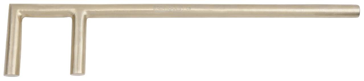 Ein messingfarbener T-förmiger Hydrantenschlüssel, der zum Öffnen von Unterflurhydranten verwendet wird.