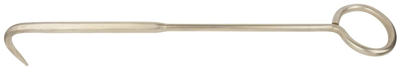 Metallischer, langer Haken mit einem gebogenen Ende und einem runden Griff, möglicherweise ein Werkzeug zum Ziehen oder Heben von Gegenständen.