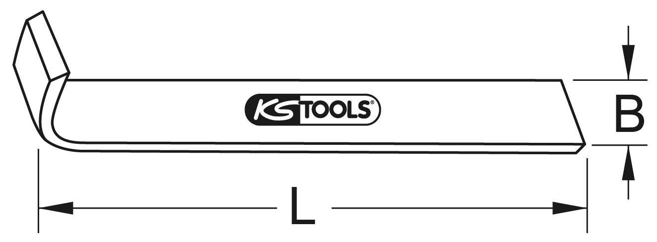Diagramm eines Brecheisens mit 'KS Tools'-Logo, zeigt Längenmaße: 'L' und Breite 'B'.