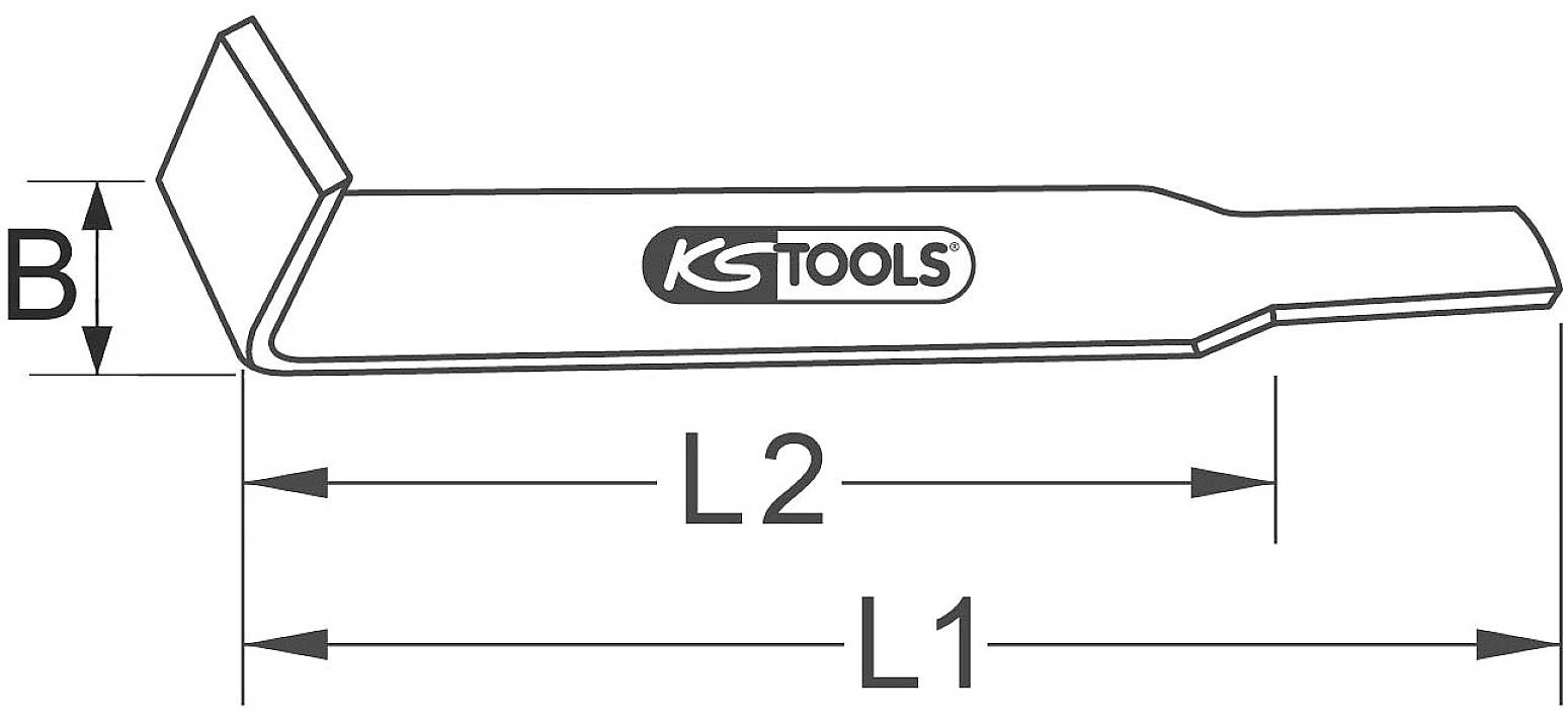 Illustration eines Werkzeugs mit den Maßen: Länge L1 und L2, Höhe B. Marke 'KS Tools' in der Mitte.