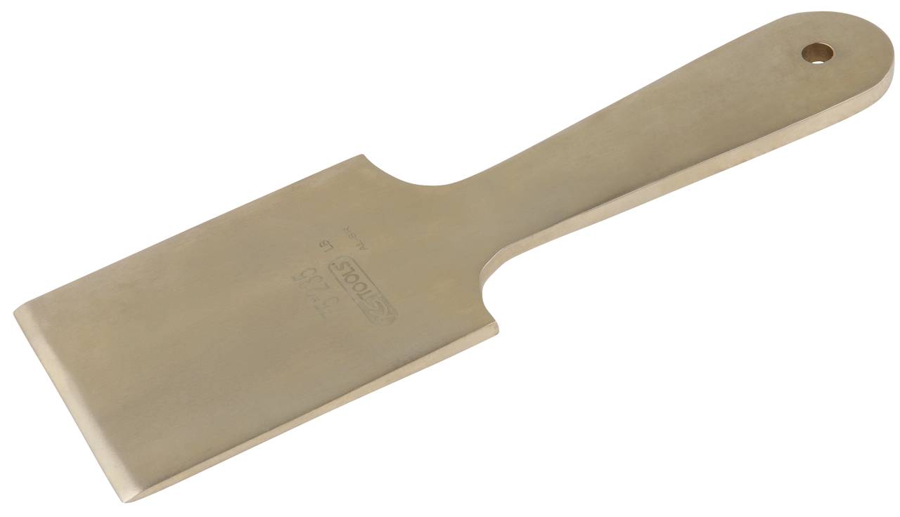 Ein flacher, metallisch silberner Schaber mit abgerundeten Kanten und einem breiten Griff, oft verwendet zum Abschaben von Oberflächen.